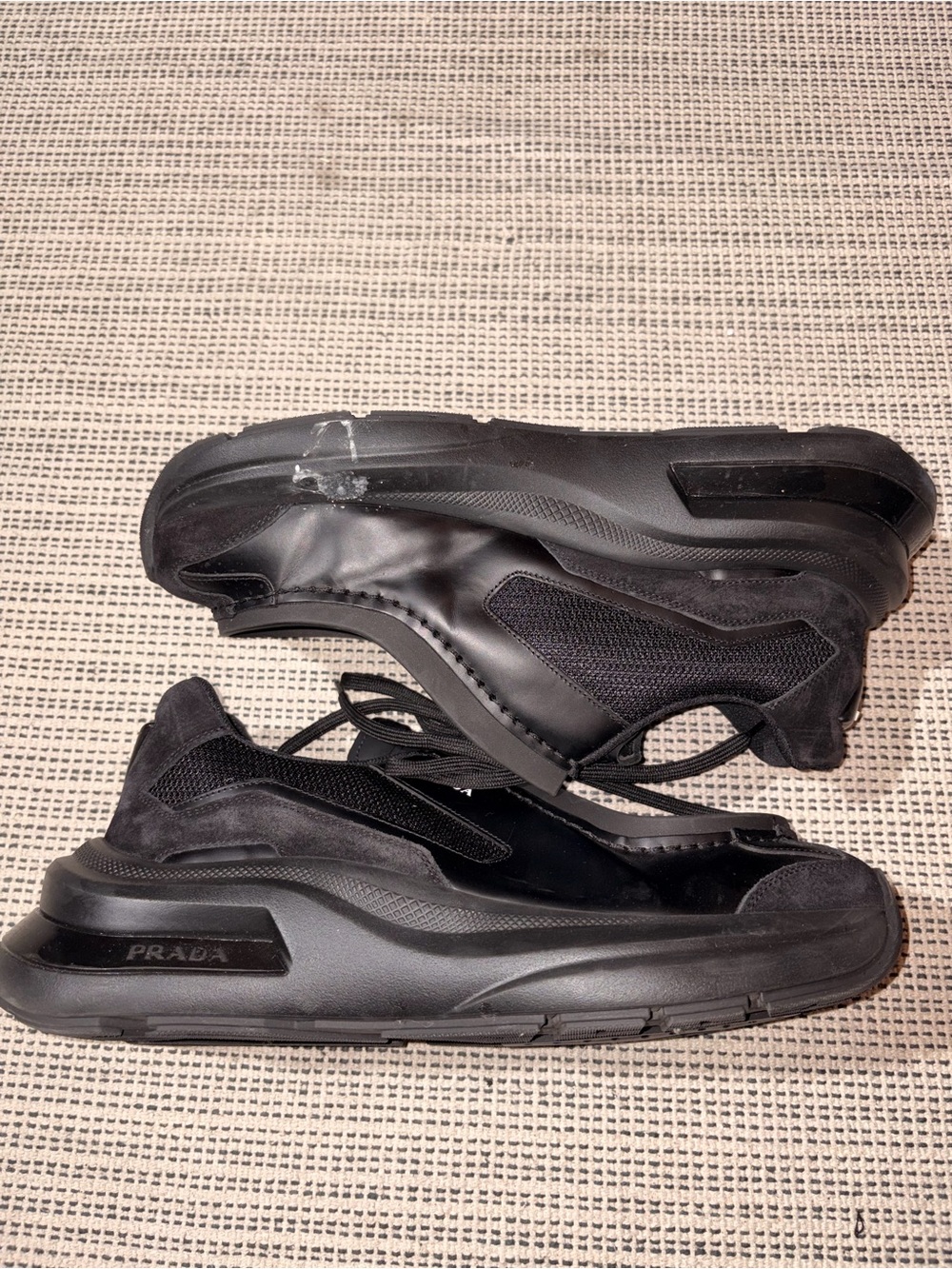 PRADA Men's Systeme Brushed Leather Sneaker Size 9 In Black - Picture 2 of 10